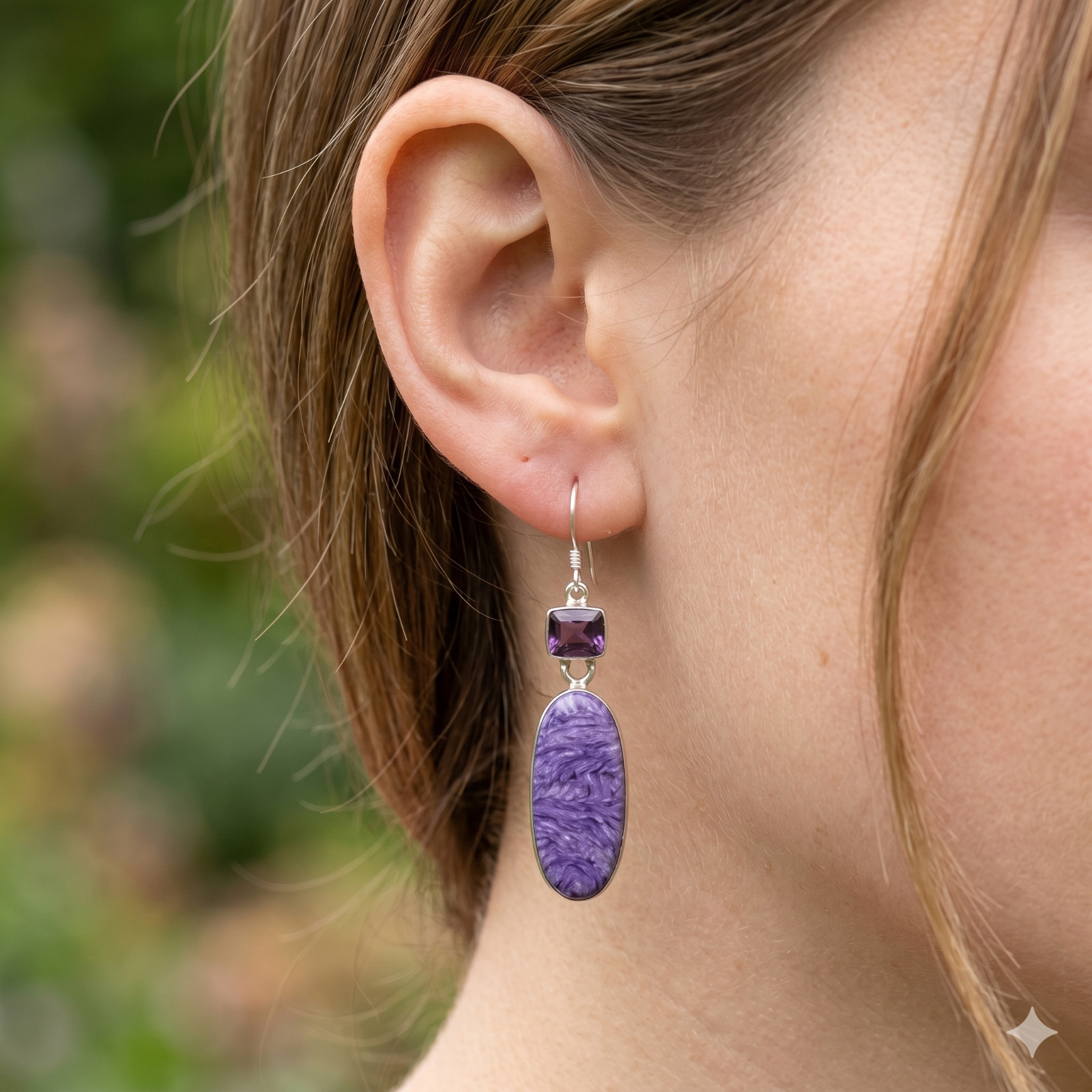 OVAL Genuine CHAROITE 925 Silver Sister Channel Set Anniversary Drop Earrings