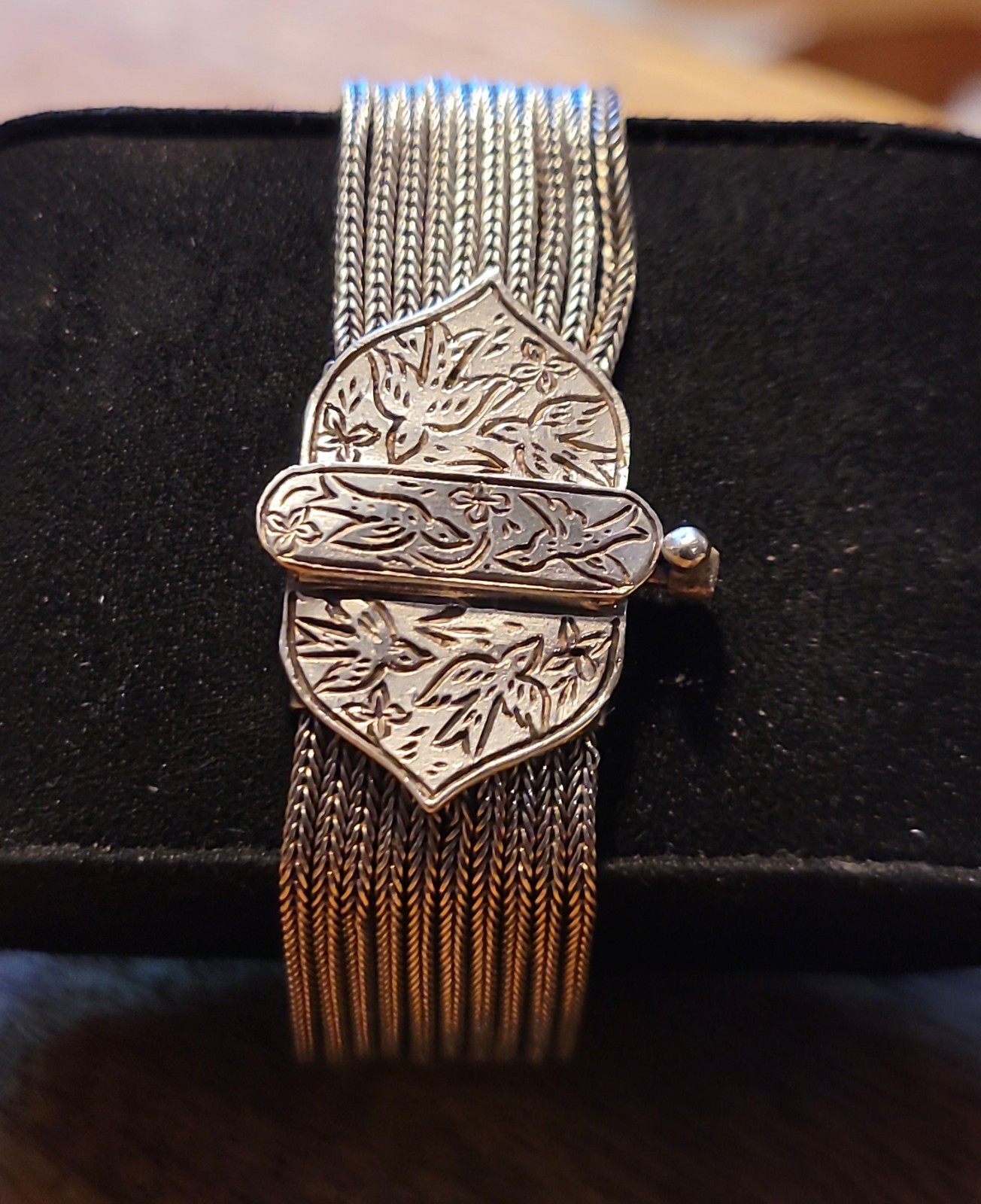 Vintage Savati Byzantine Etched Doves Garnet 10 Foxtail Chains 925 Bracelet