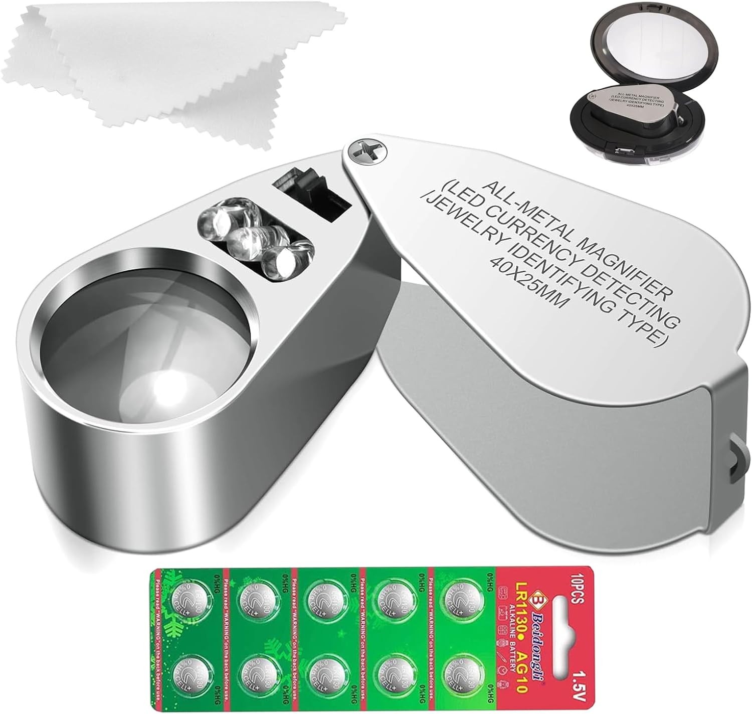 40X Jewelers Loupe, Full Metal Illuminated Jewelry Loop Magnifier, Silver