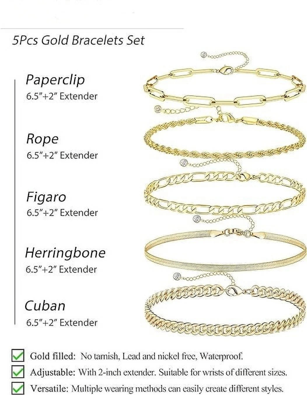 14K Gold Plated Bracelets Women Cuban Link Paperclip Chain Stackable Set