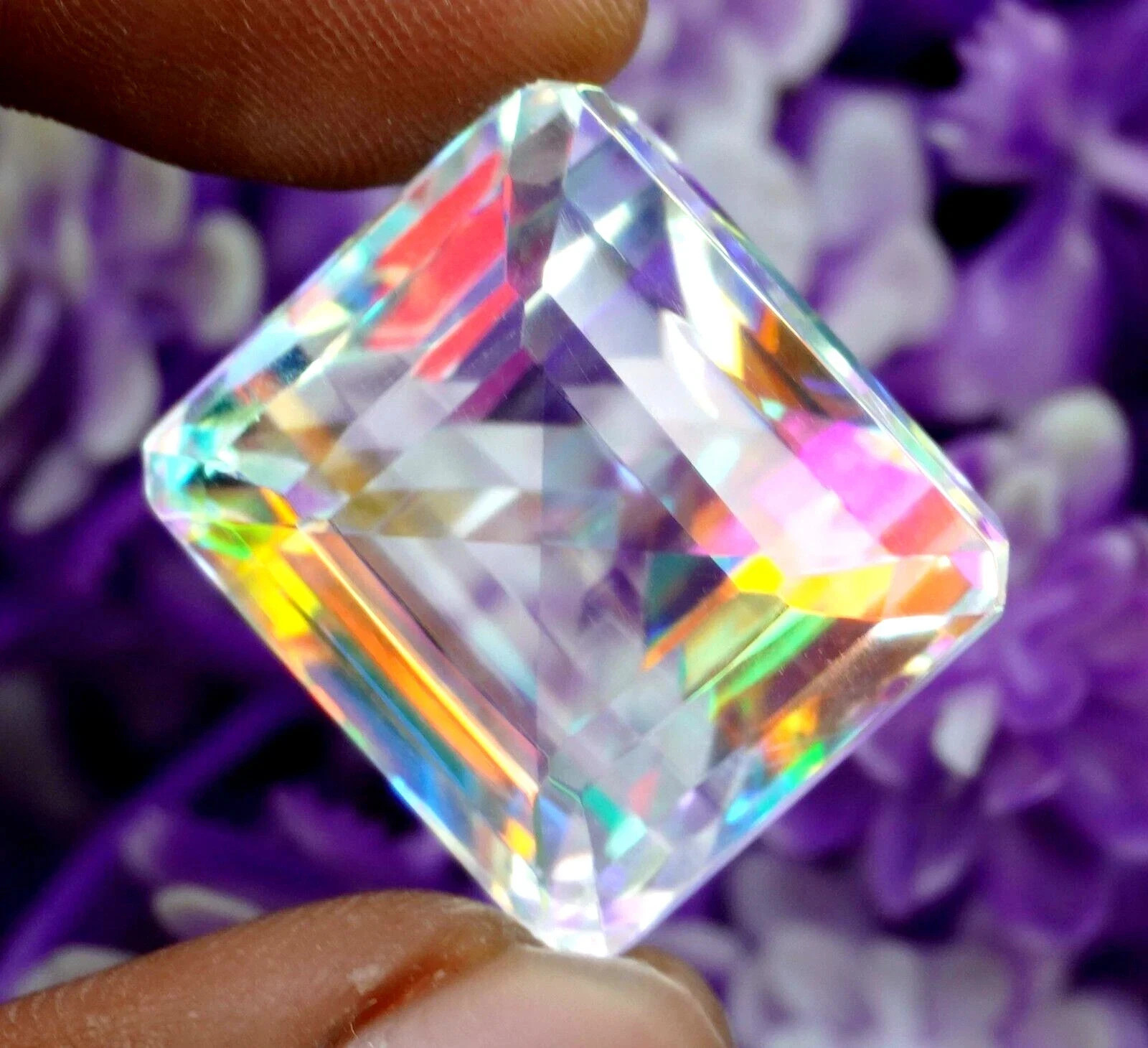 Natural Mystic Topaz Rainbow Color 48.44 CT Emerald Cut Certified Gemstone F02 A