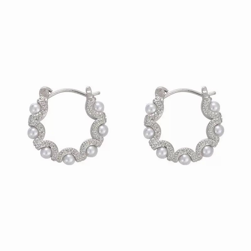 Silver Pearl Hoop Earrings Round Elegant Huggie Hoop Earrings Bridal Jewelry 396