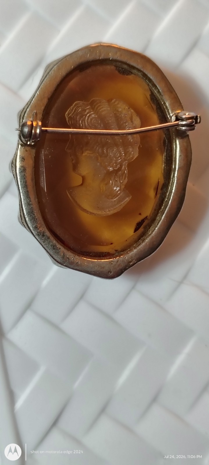 Vintage Reverse Carved Amber Cameo Portrait Brooch Pin, Oval Stone, Beauty Theme