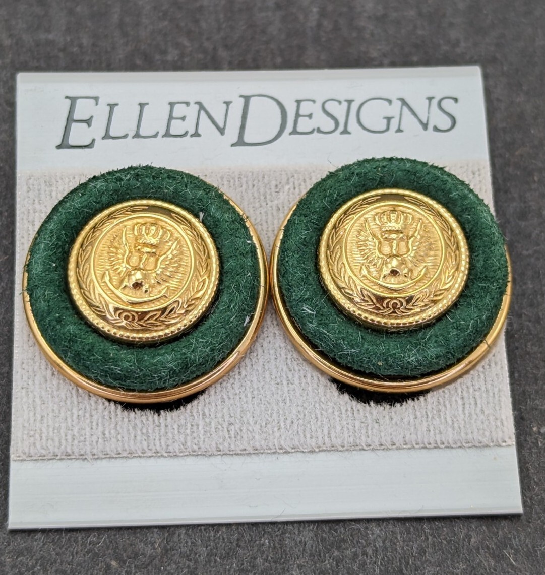 Vintage Ellen Designs Green Suede Patriotic Crown Eagle Earrings Gold Tone