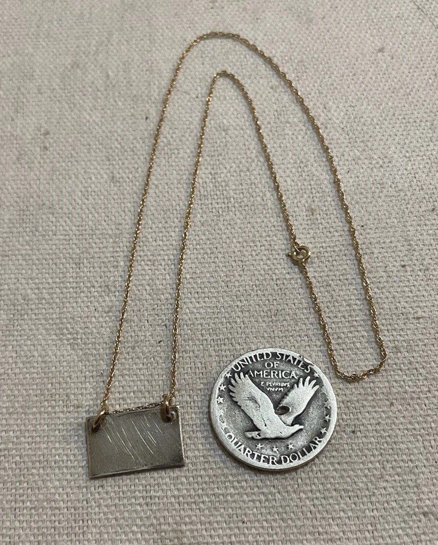 Vintage 14K Gold Chain Necklace Sterling Silver Rectangular Bar Pendant 2.3g 16”