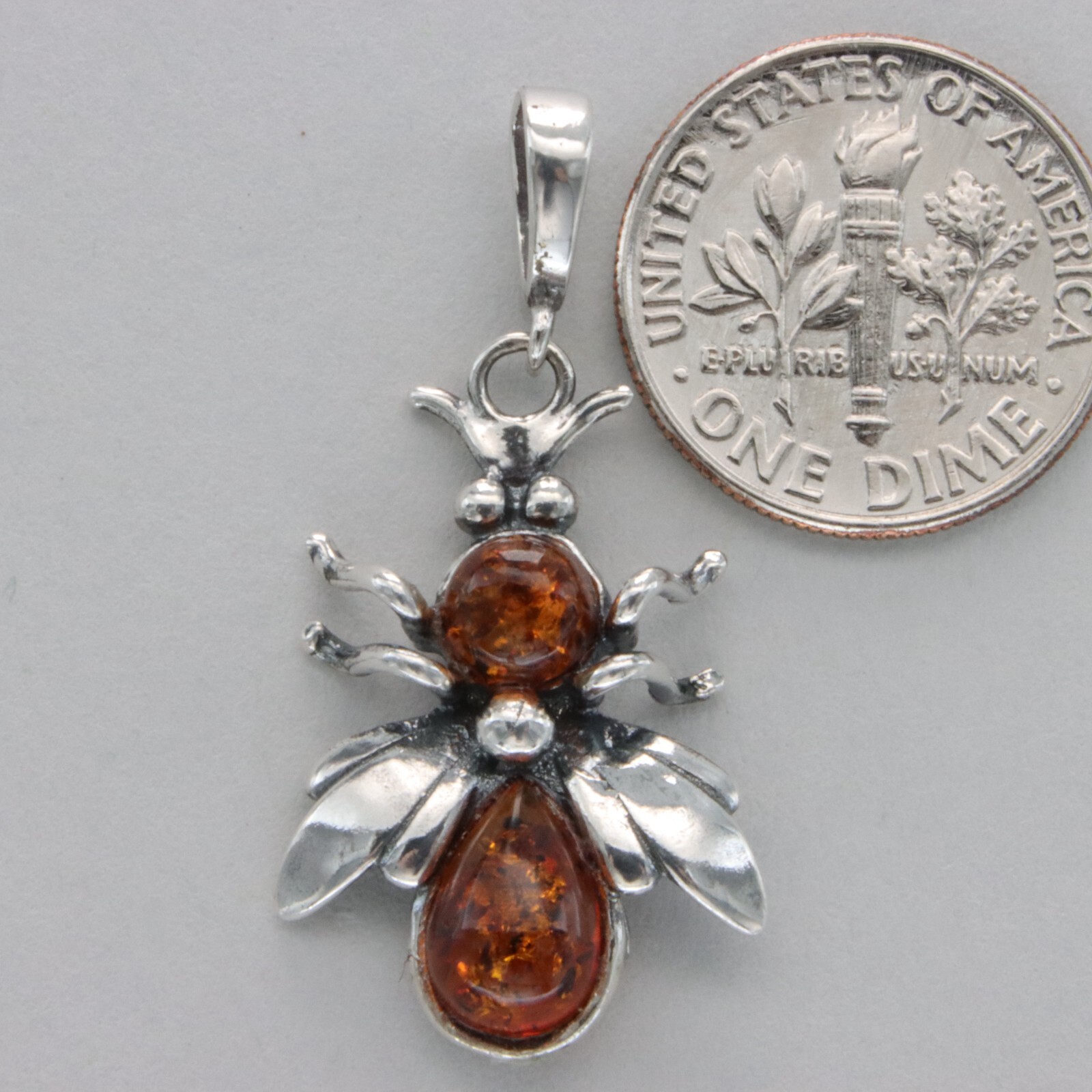 Cognac Brown BALTIC AMBER Bee Pendant in STERLING SILVER Natural Genuine #3301e