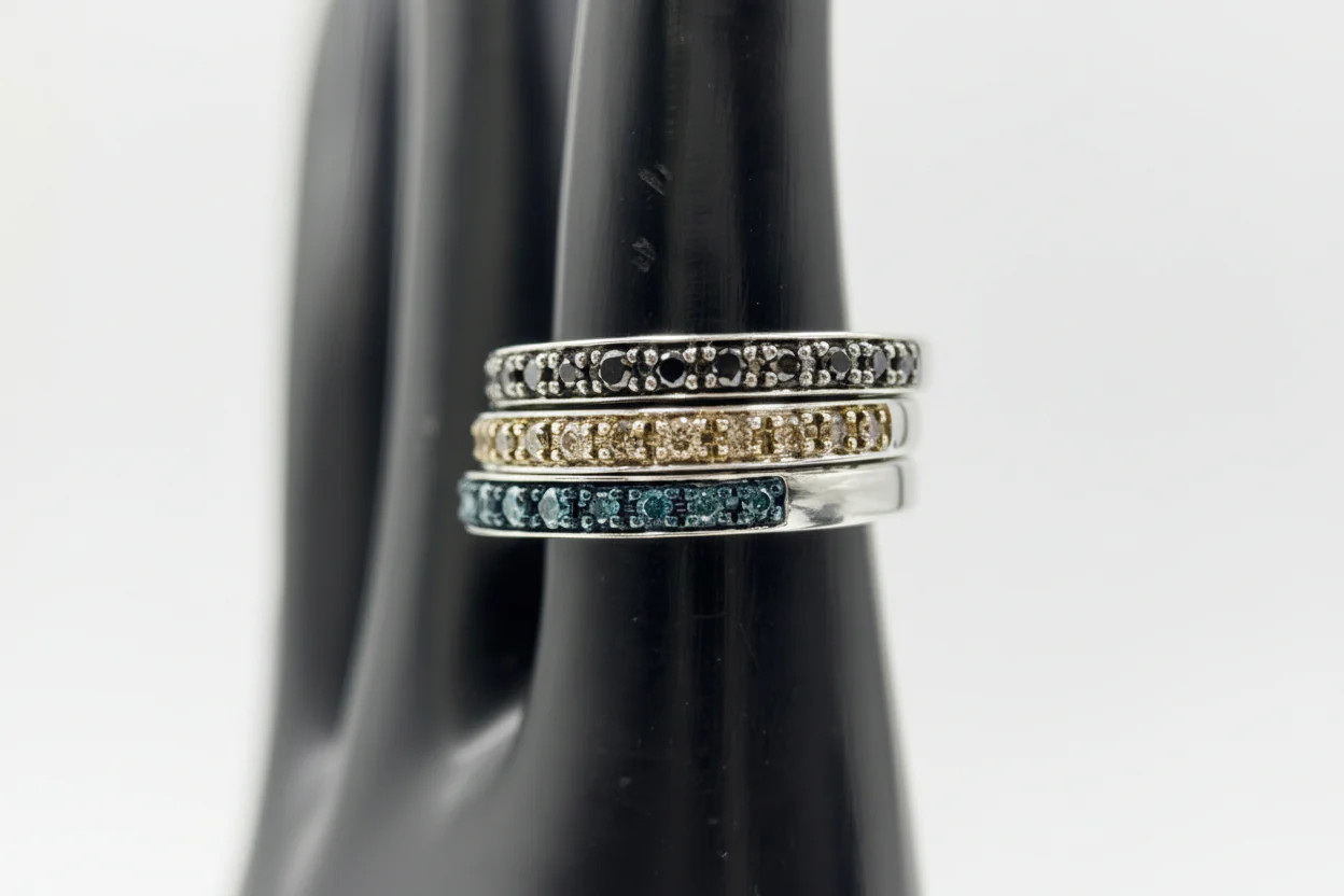 49ctw Black, Blue & Champagne Diamond Silver Band Rings set, Size 5