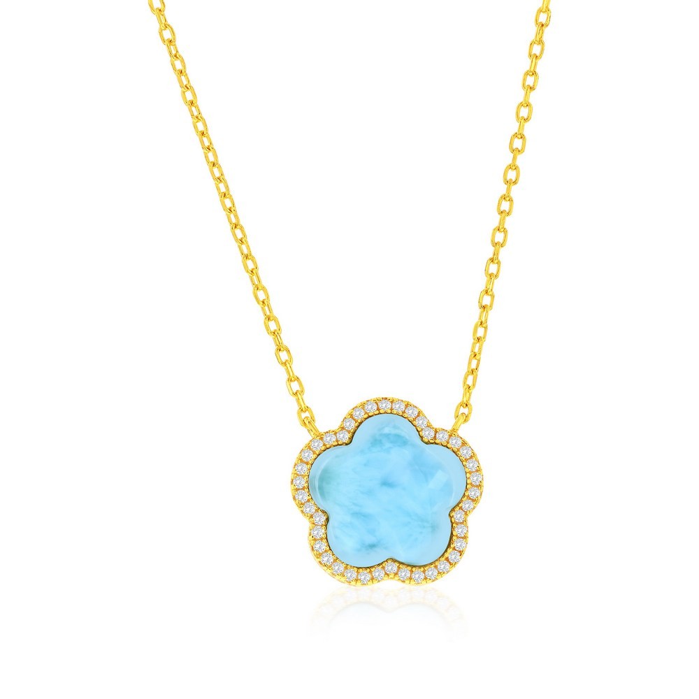 Sterling Silver, Flower Larimar CZ Outline Necklace – Gold Plated