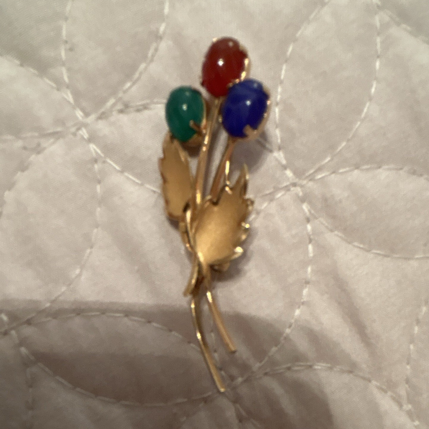 Gold Tone Floral Brooch Pin with real Cabochon Stones