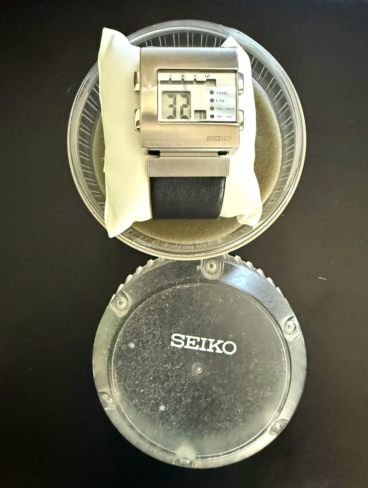 Seiko Men’s Digital Quartz Rectangle Stainless Watch, Alarm, Black Leather