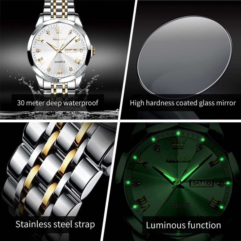 Luxury Men’s Diamond Watch, Waterproof Analog Quartz, Luminous Date, Two-Tone St