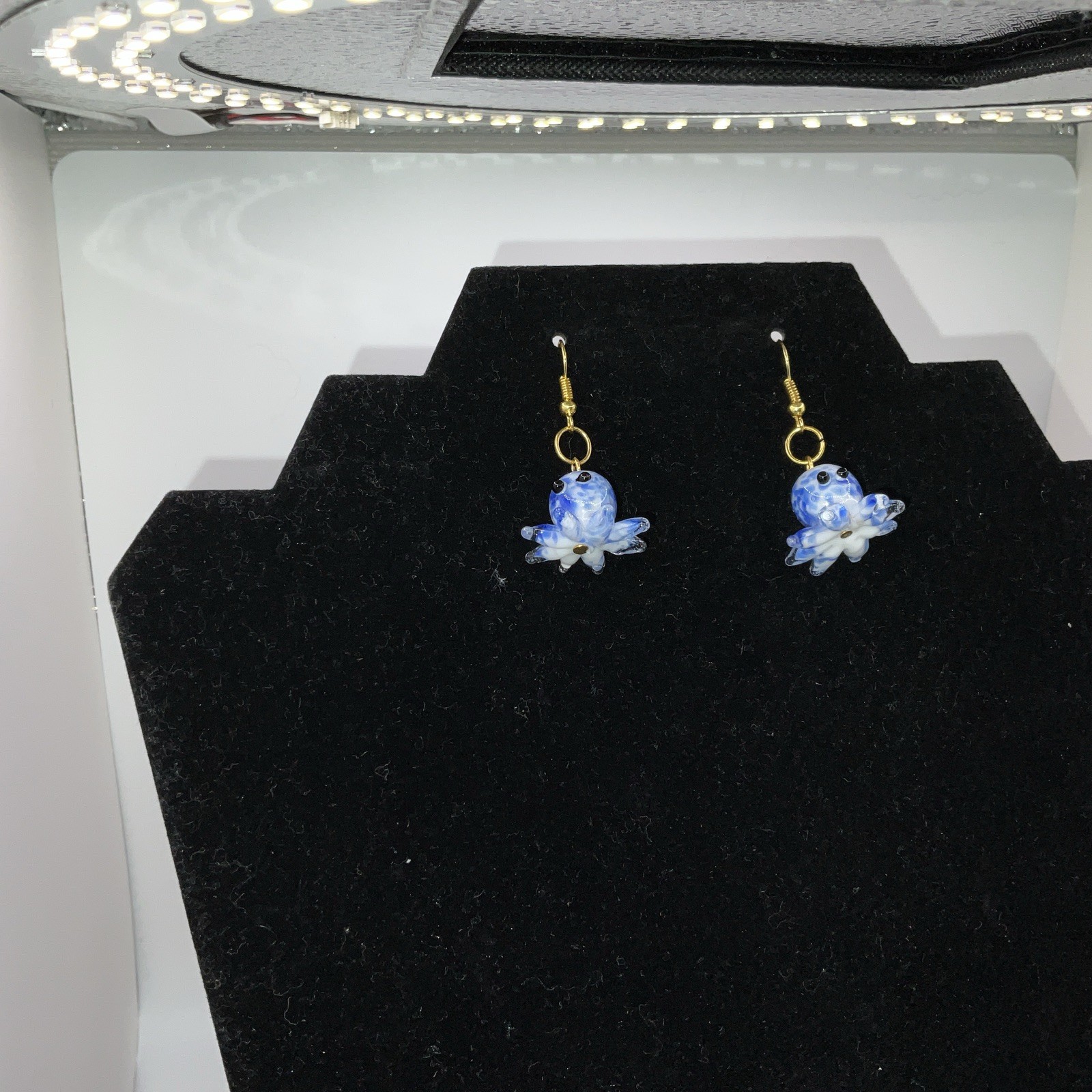 Blue & White Octopus Glass Earrings W/ Backs. Homemade 14k Extra Plated Gold New