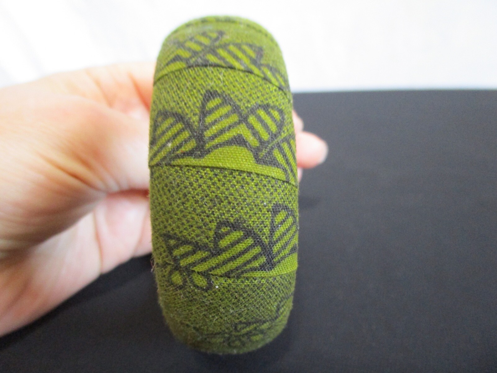 Boho Olive Green Black Flower Fabric Wrapped Bangle Bracelet