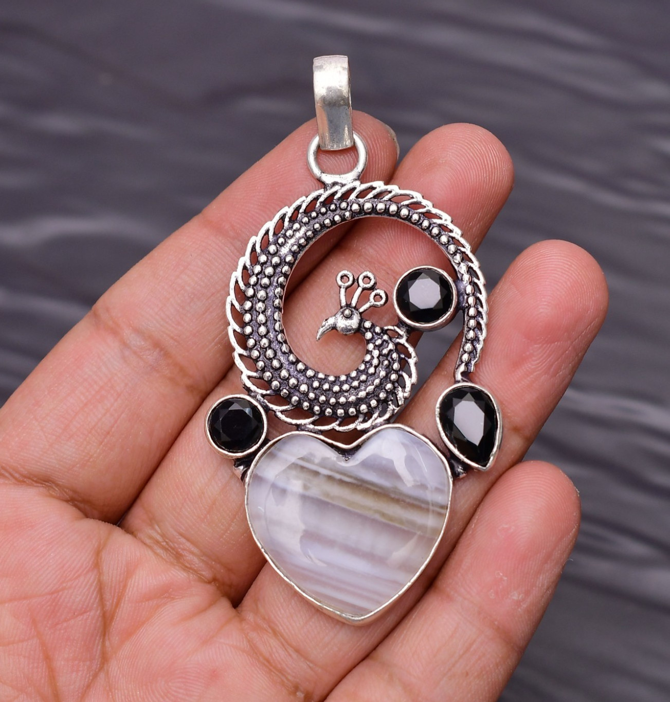 Banded Agate Gemstone 925 Sterling Silver Jewelry Pendant 2.67″