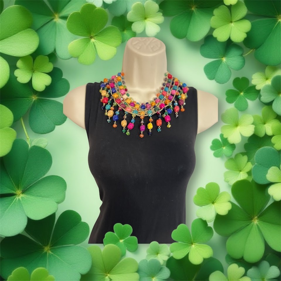 Multicolor Palm Barrel Bead Bib Statement Necklace with Gold-Tone Chain