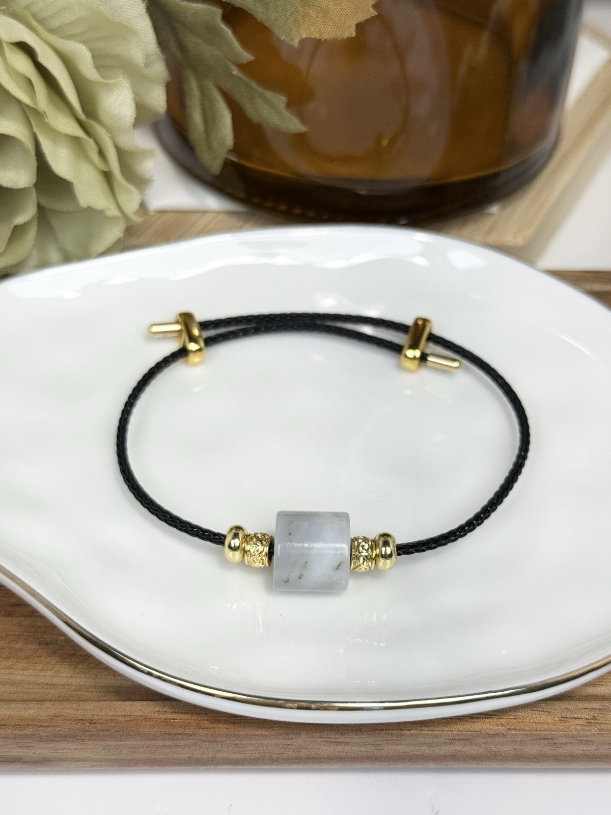 Hetian Jade Grey Barrel Pendant Bracelet 12.4MM on Black Adjustable Nylon Cord