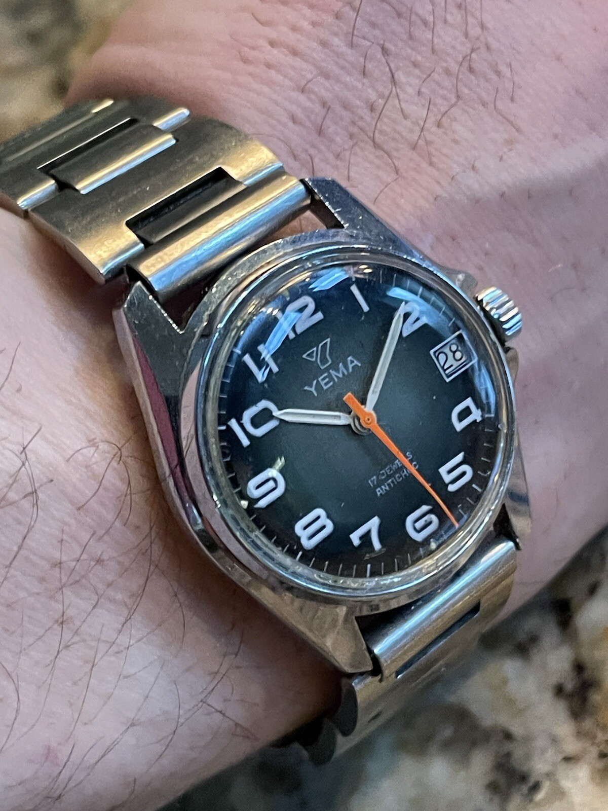 Yema Rare Dial Manual Winding Vintage Stainless Sport Junior Watch Sunburst Blue