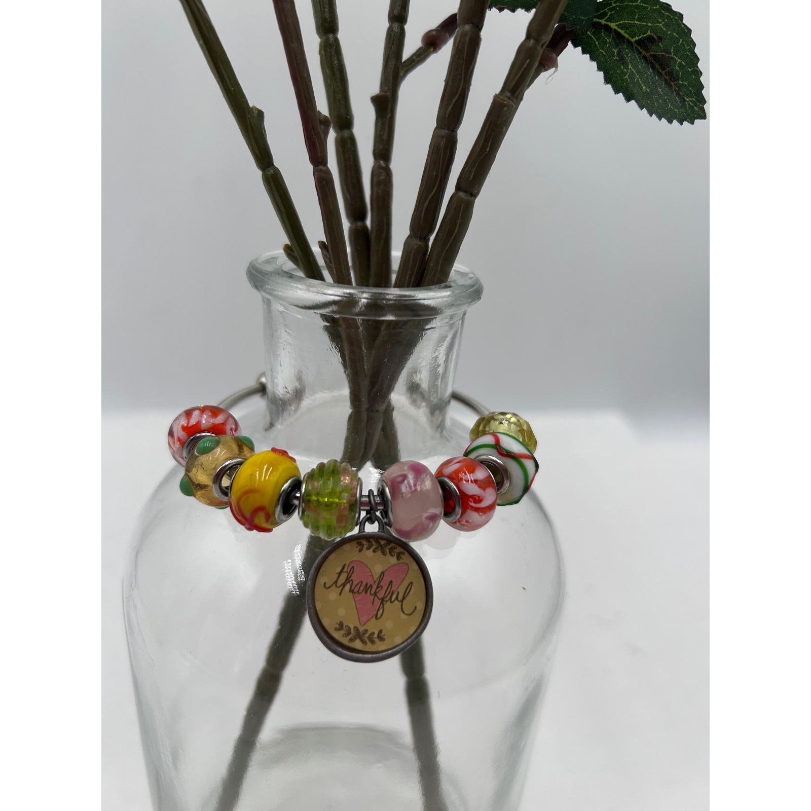 Thankful Heart Charm Lampwork Glass Bead Silver Tone Torque Boho Bangle Bracelet