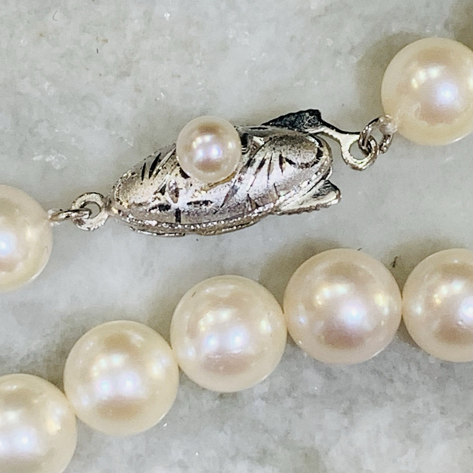 Hi Luster Akoya Pearl Necklace Strand Fuji Pearl OffWhite 7mm AAA+ SilverVTG 17”