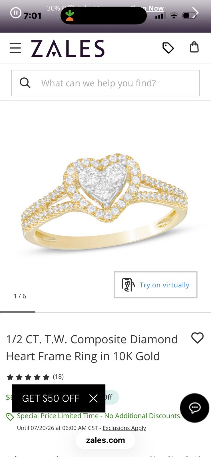 1/2 CT Zales 10k Yellow Gold Heart Halo White Diamond Engagement Ring Size 7