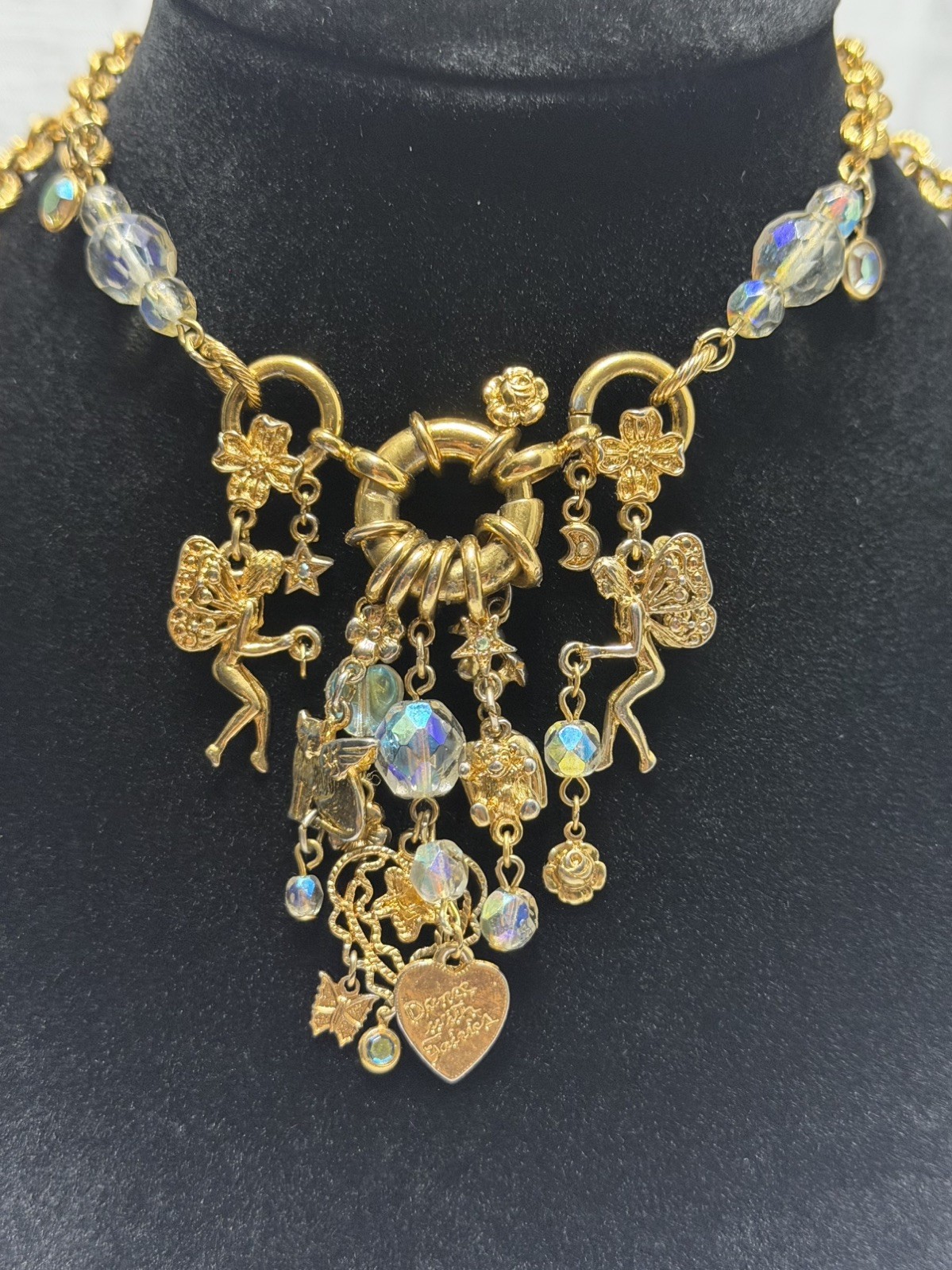 Vintage Kirks Folly Charm Necklace Dance w/Fairies AB Crystals & Charms Signed
