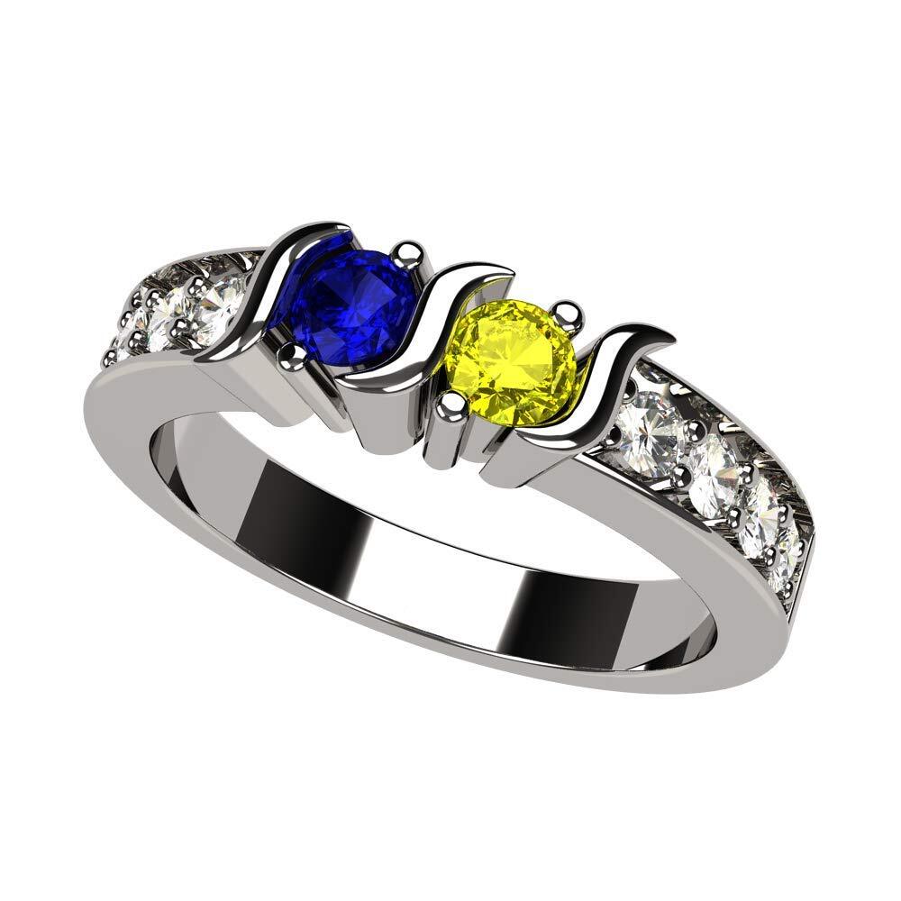 S-Bar With Sides 2 Stone Simulated Birthstone Couples Ring Silver, 10K or 14K