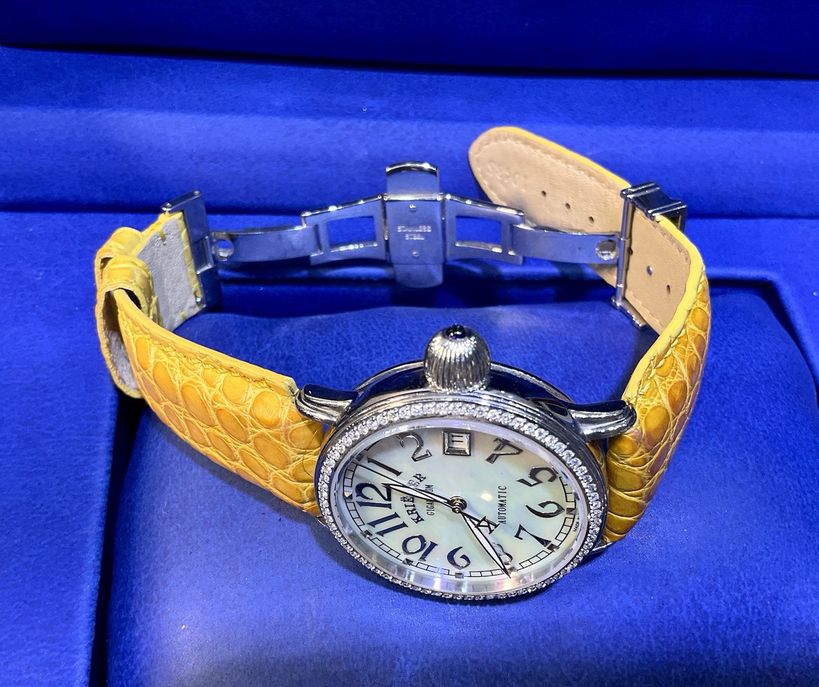 Krieger Gigantium Diamond Bezel MOP Dial Leather Strap Watch Full Set