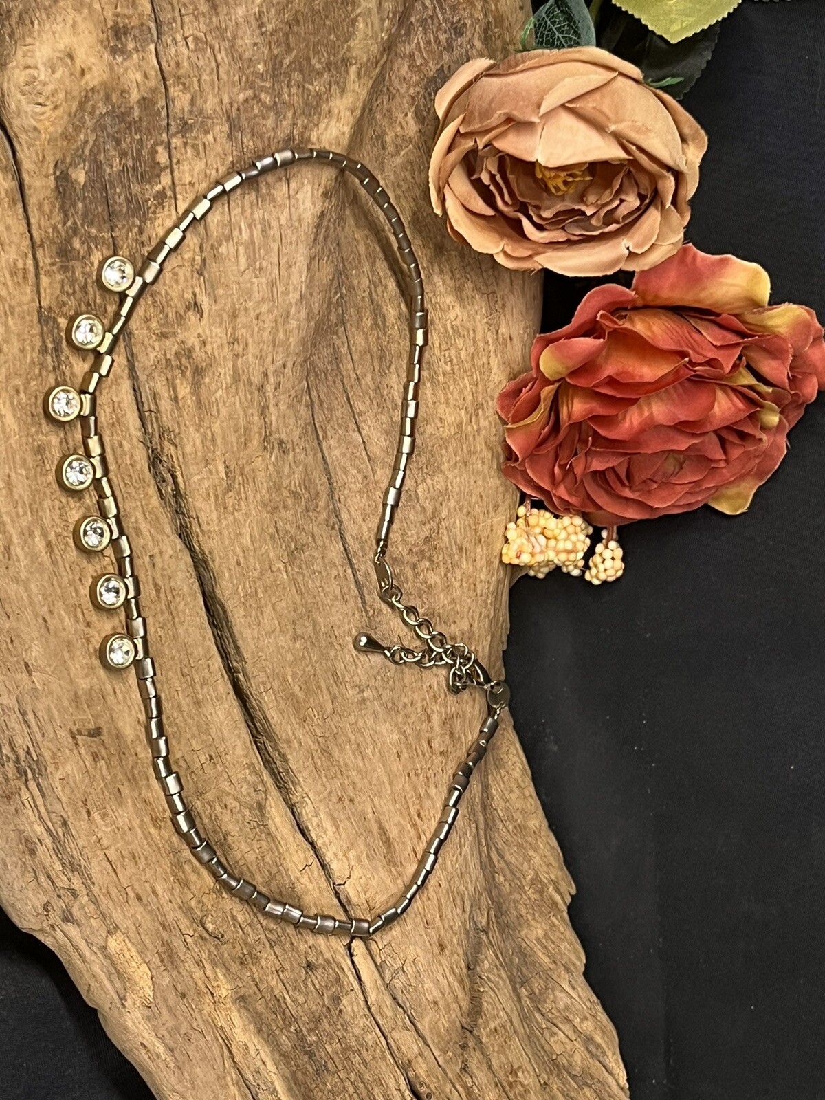 Vintage Silver Tone Necklace W Hanging Rhinestones ;Adjustable Length