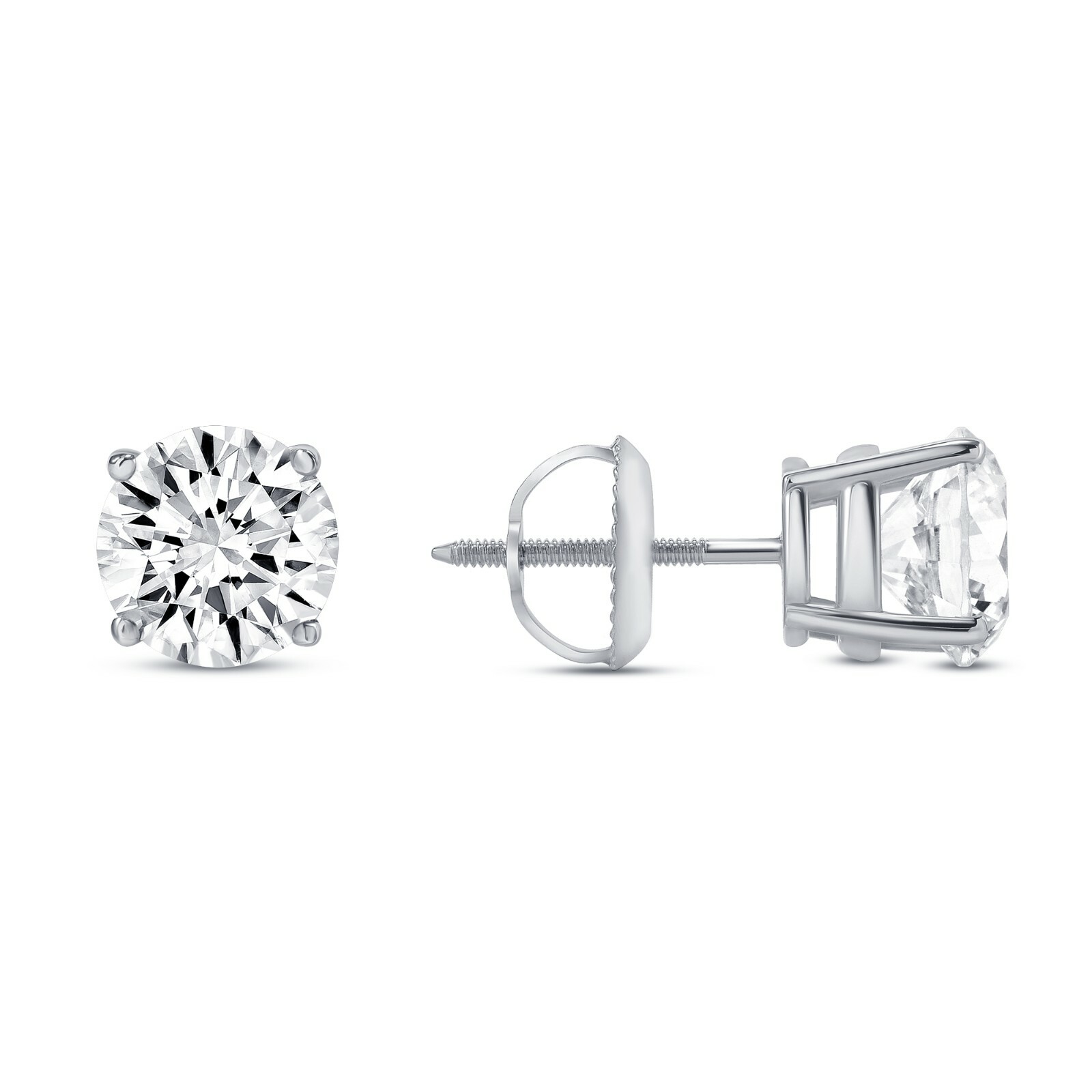 4 Ct Round Real 18K White Gold Simulated Diamond Earrings Studs Basket ScrewBack