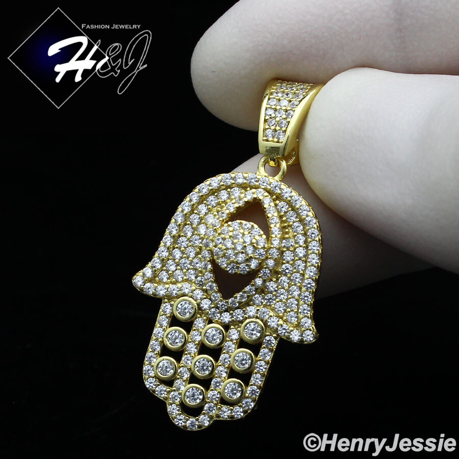925 STERLING SILVER CUBIC ZIRCONIA GOLD PLATED EVIL EYE HAMSA HAND PENDANT*GP257