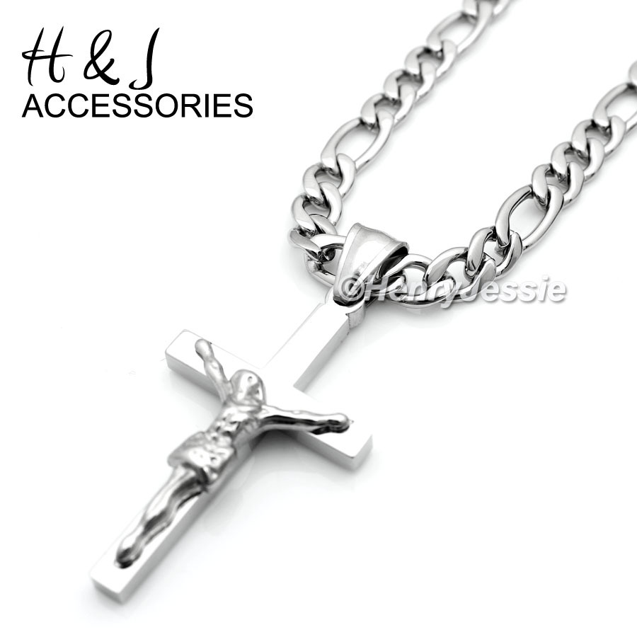 18-36″Stainless Steel 4mm Silver Figaro Link Necklace JESUS Cross Pendant*P62