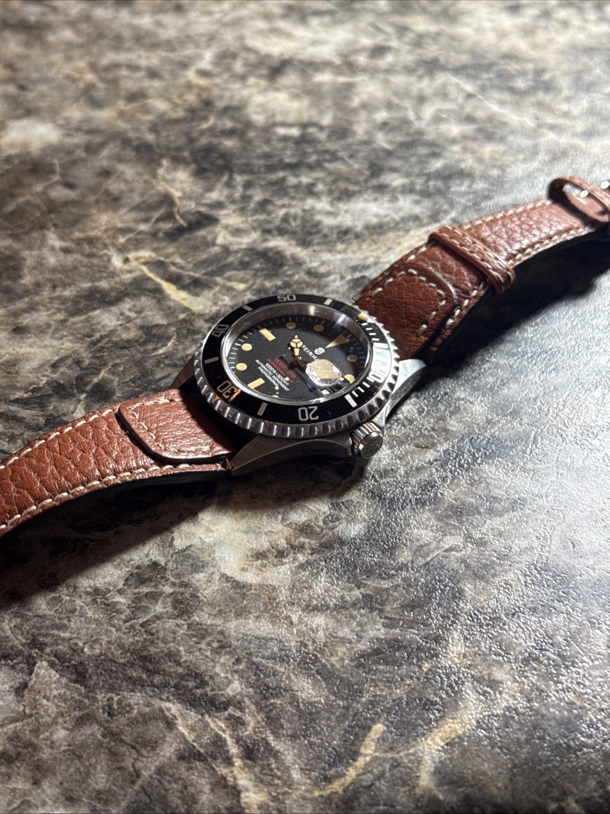 Steinhart Ocean One Vintage Automatic Diver Watch 39mm Black Dial Brown Strap