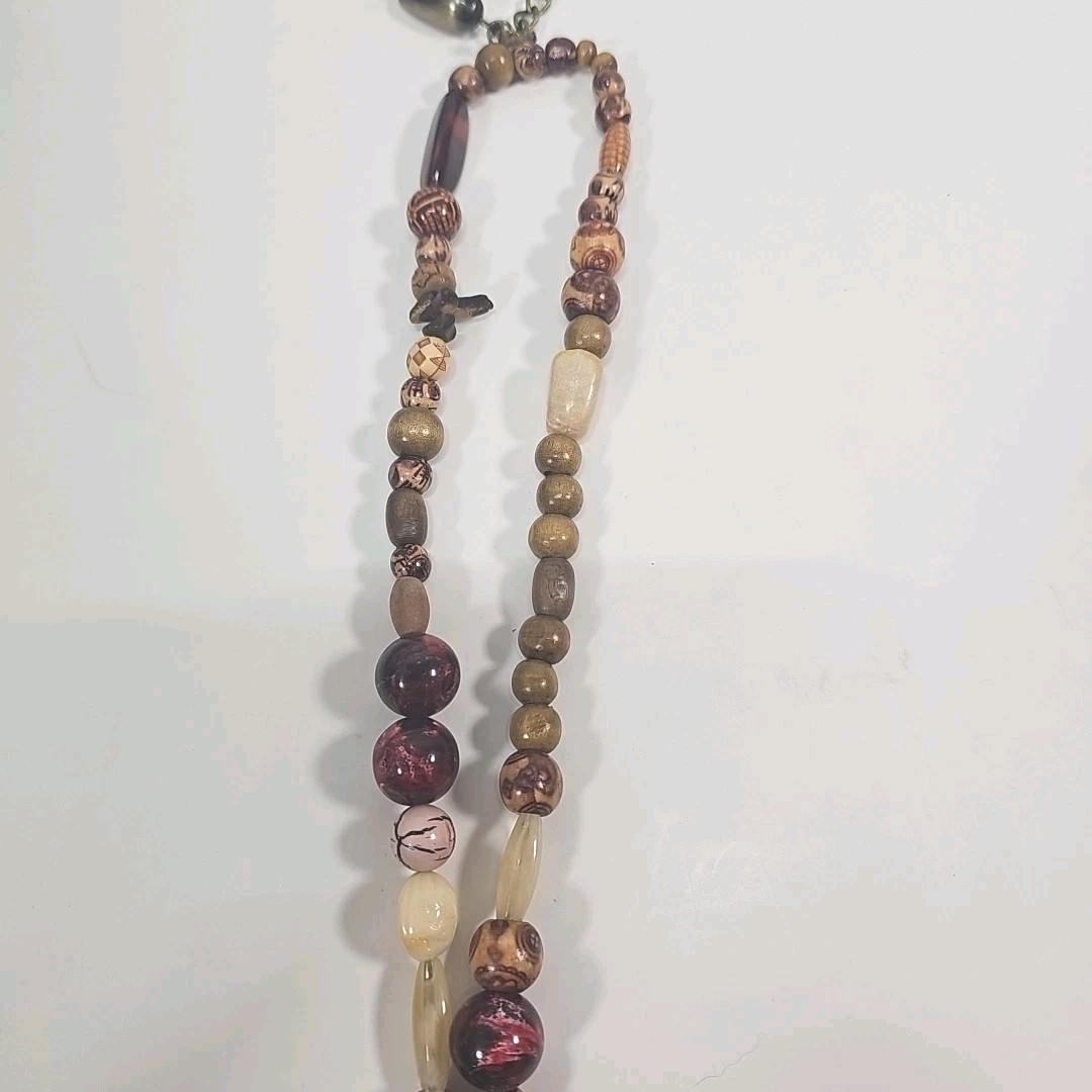Boho Beaded Necklace Multi Strand Earth Tone Wood Statement 21”