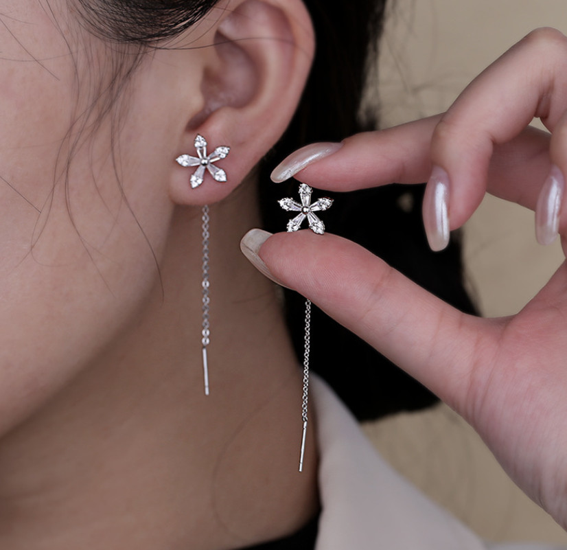 925 Silver Post/Needle Clover Flower Clear CZ Pull Through Threader Earrings G13