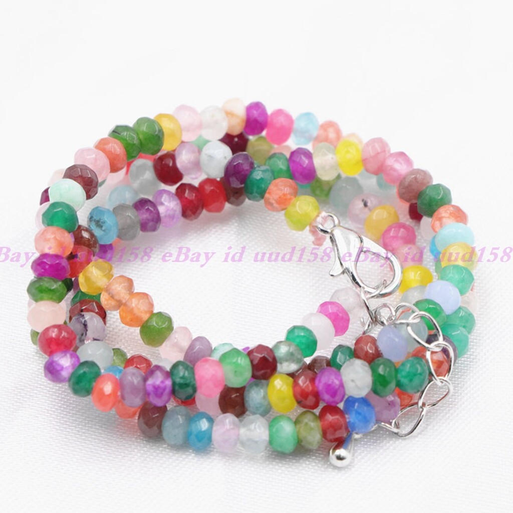 Natural 2x4mm Faceted Multicolor Jade Roundelle Gems Necklace 18″ Silver Clasp