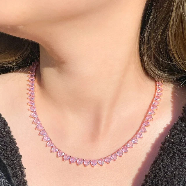 Rose Gold Plated Pink Lab Created Heart Tennis Round Choker Wedding Necklace 16″