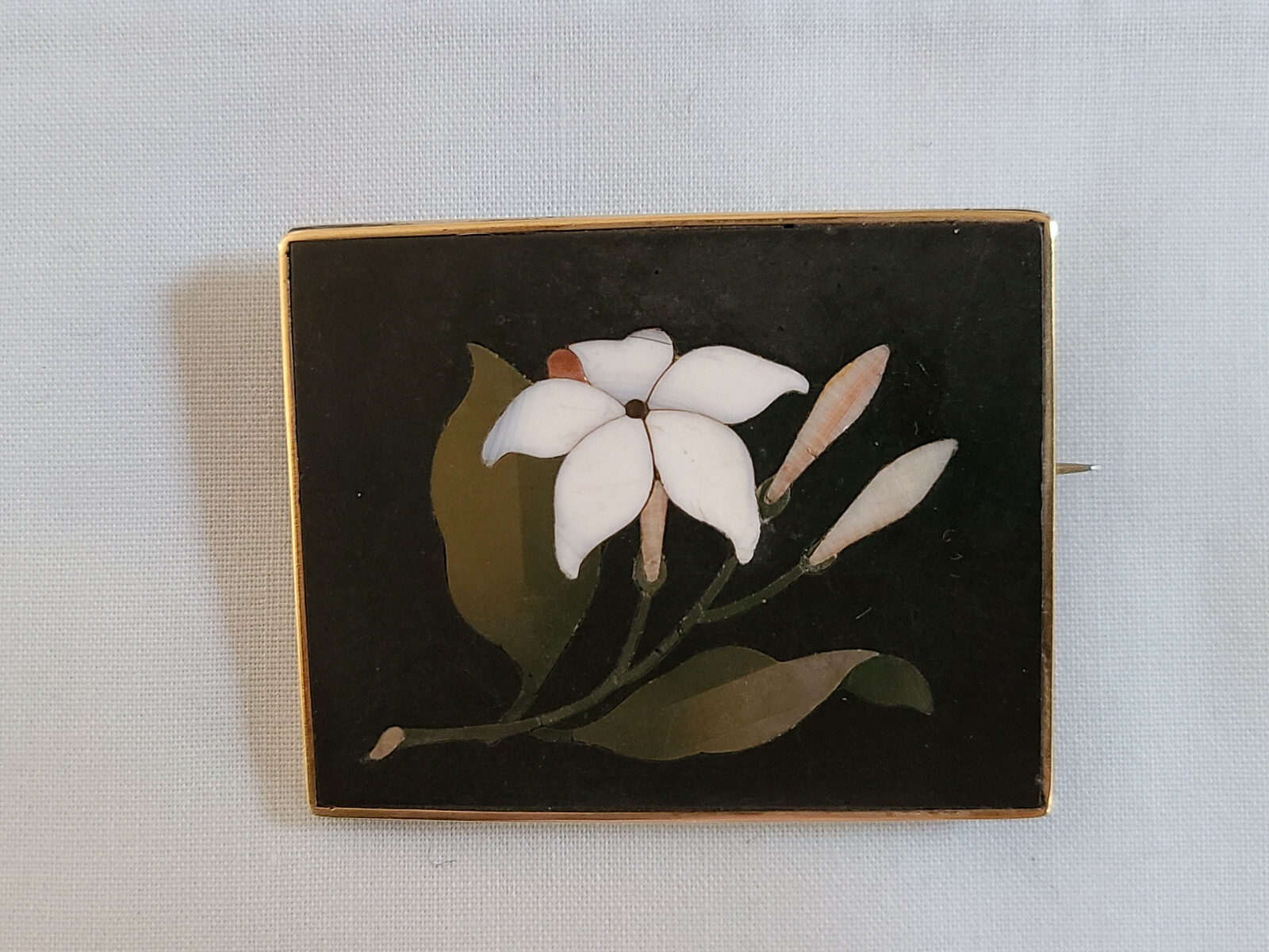 Victorian 14K Yellow Gold Mounted Pietra Dura Memorial Brooch w/ Woven Hair Dtd