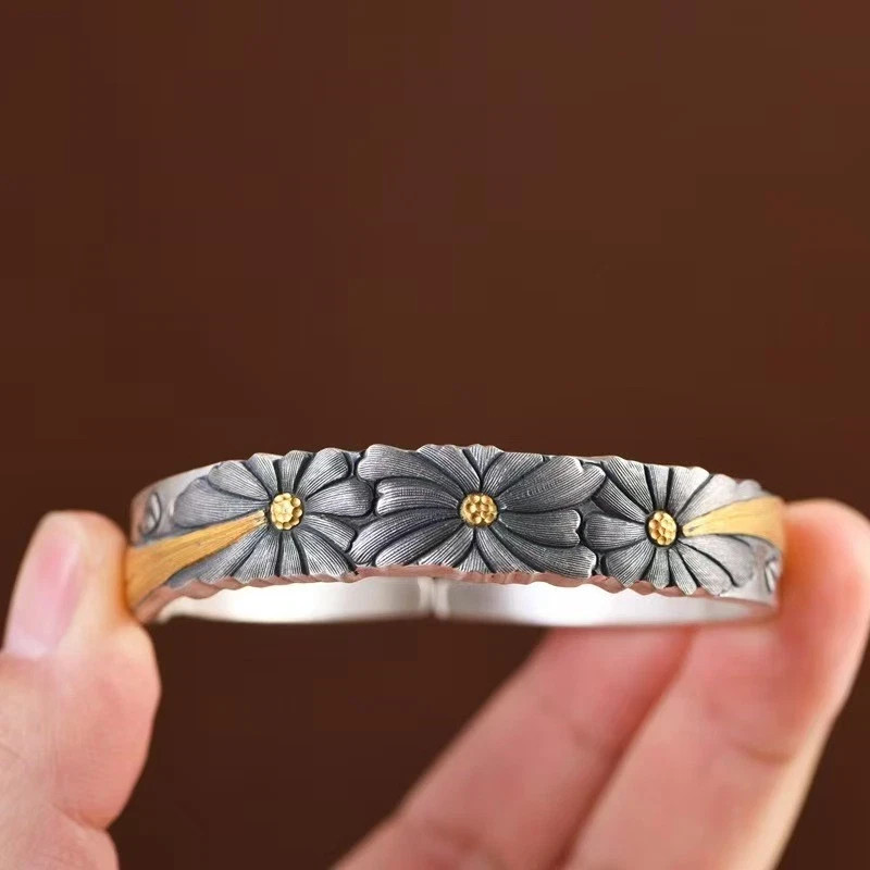 Solid S999 Fine Silver Bracelet Women Unique Flower Open Bangle 57-58g ID58mm