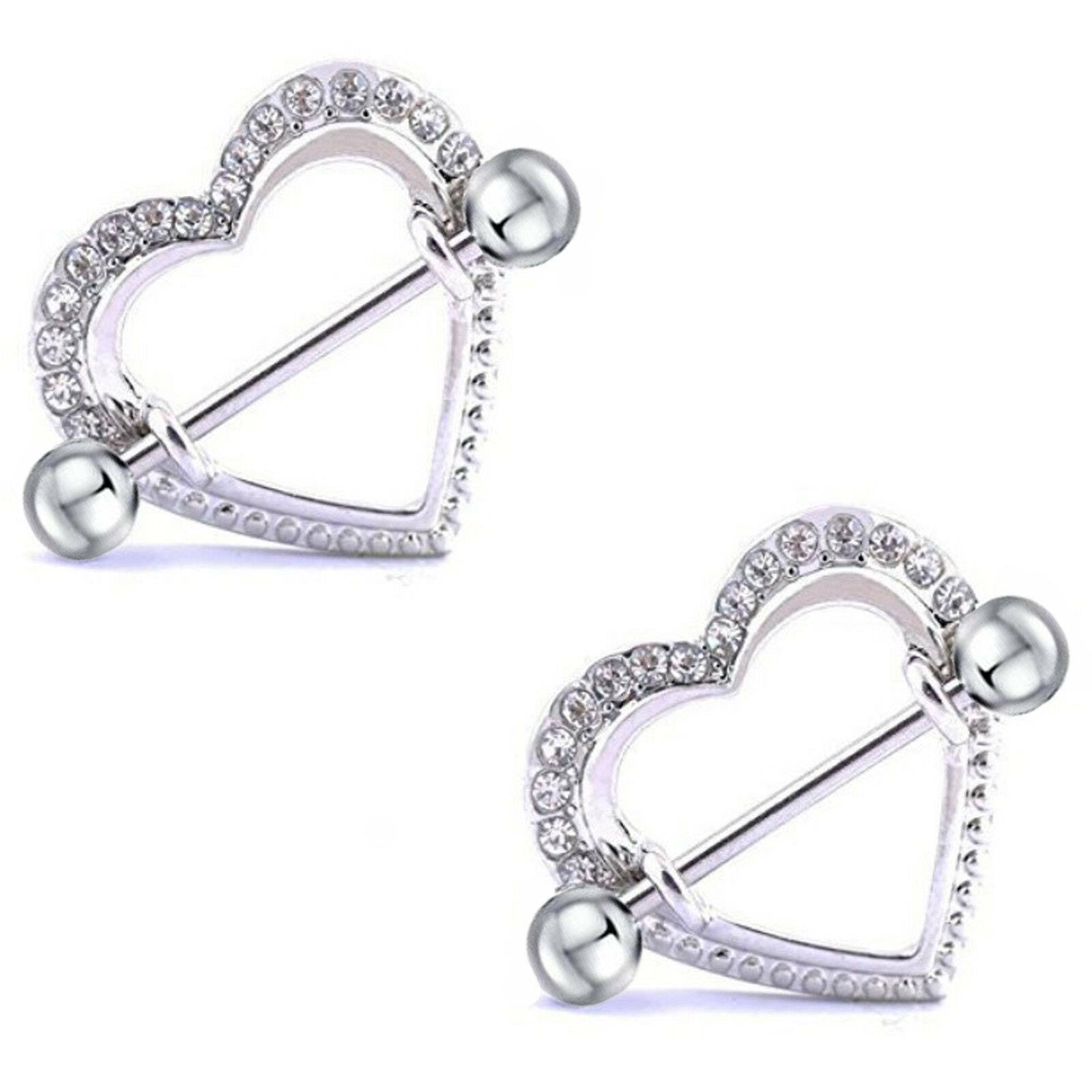 1 PAIR 14G HEART NIPPLE SHIELD RINGS NIPPLERINGS STEEL BODY PIERCING BARBELLS