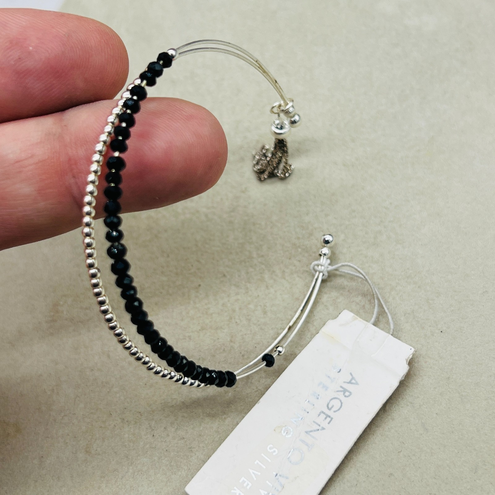 Argento Vivo Sterling Silver 925 Open Cuff Beaded Bracelet Tassel Charm NWT