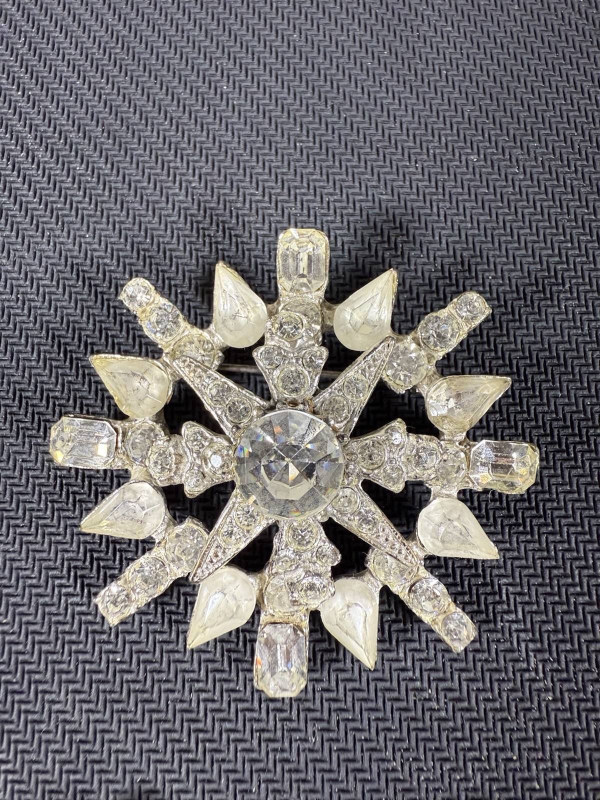 Vintage 50-60s Snowflake Atomic Starburst Brooch & Clip Earrings Set Rhinestones