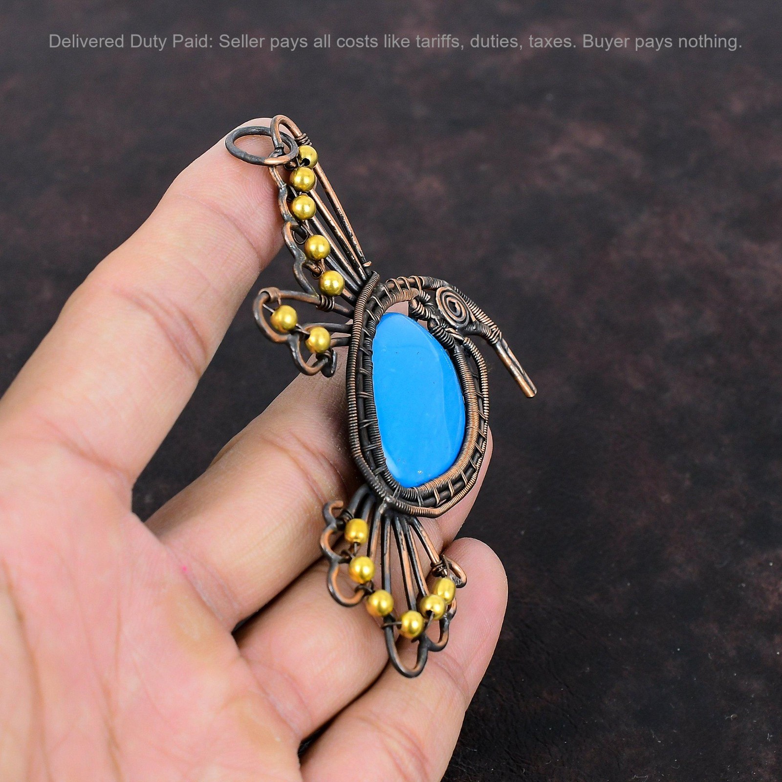 Copper Natural Sleeping Beauty Turquoise Boho Wire Wrapped Bird Pendant Jewelry