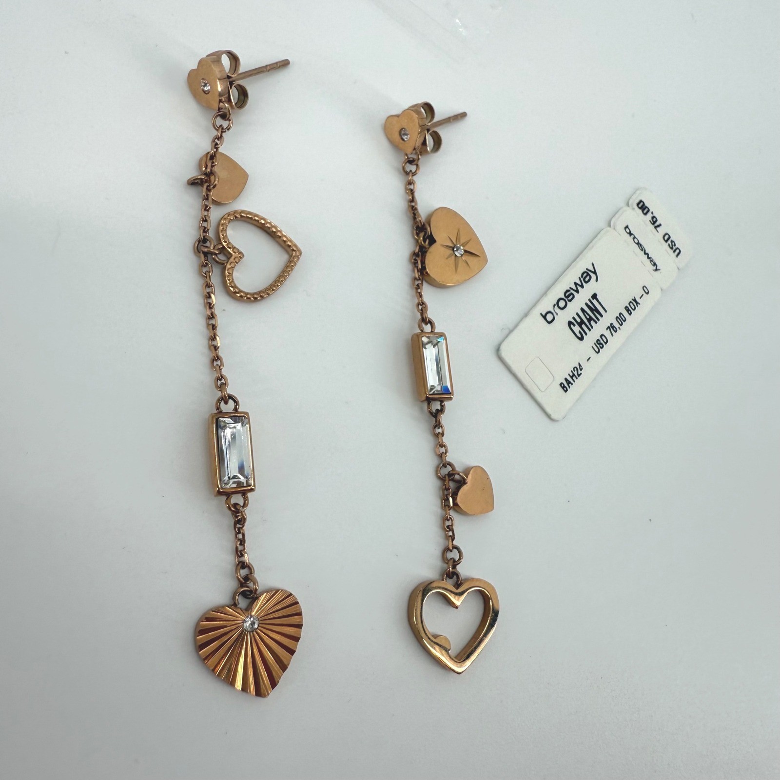Brosway Chant Rose Gold Heart Drop Earrings Dangle Crystal Accent BAH24 NEW