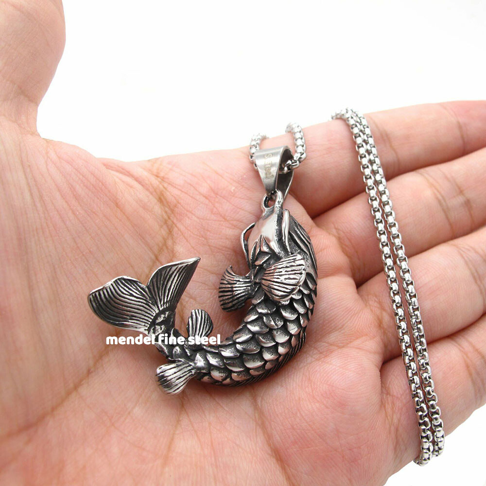MENDEL Stainless Steel 3D Mens Articulated Fish Fishing Hook Pendant Necklace