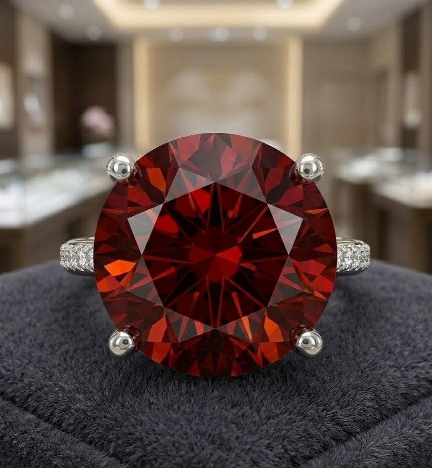 28.00 CT Certified Round Cut Red Diamond Ring, Tariffs FREE & Matching Studs
