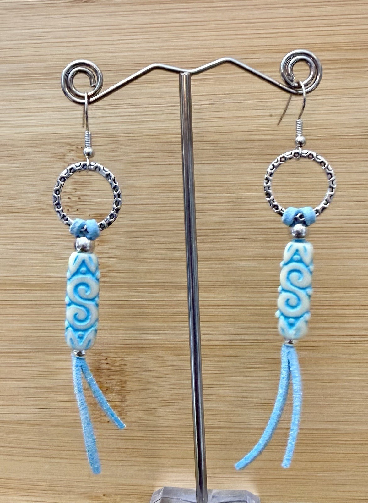 Blue, White & Silver Toned Dangle Earrings