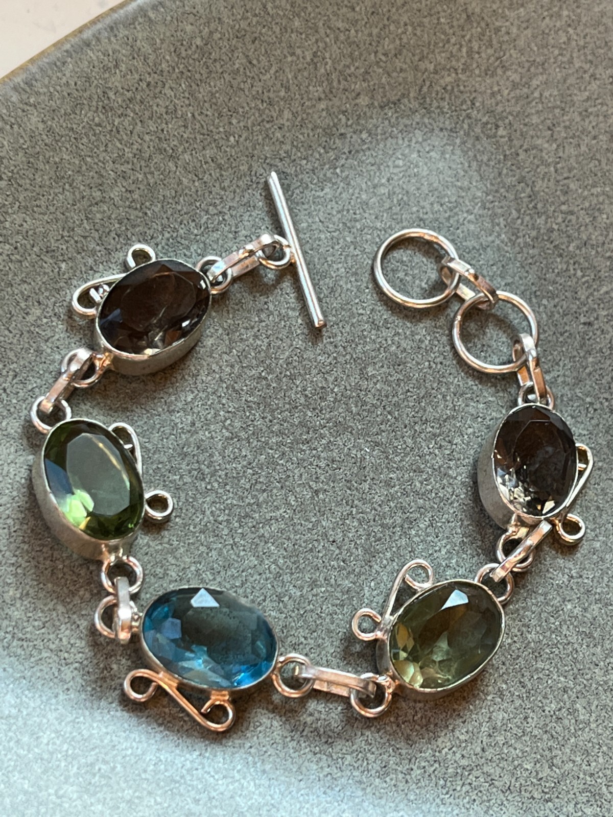 Brown Green & Blue Oval Faceted Glass in Nonmagnetic Silver Frame LInk Bracelet