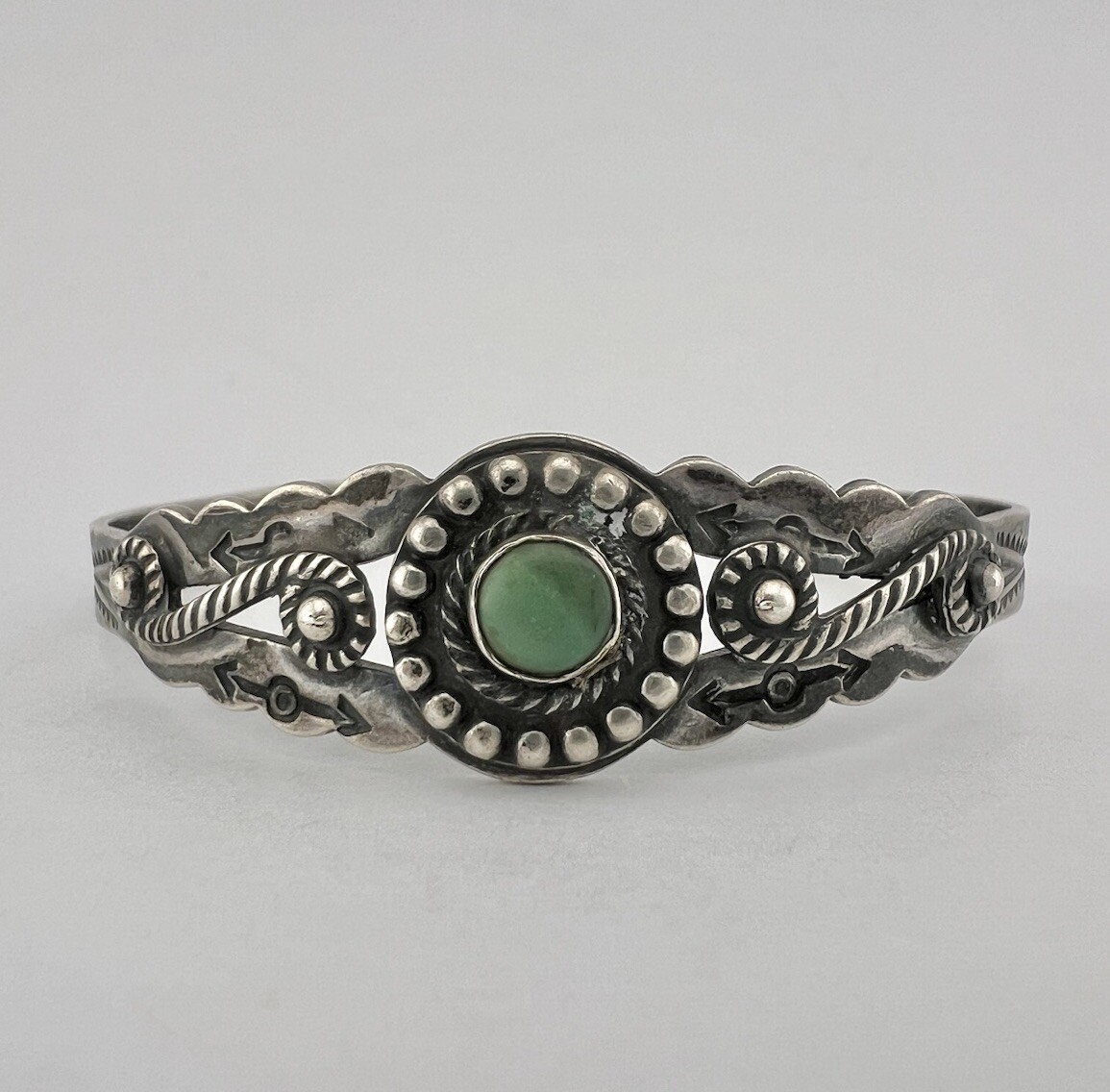 Fred Harvey Era Navajo Sterling Silver Cerrillos Turquoise Stamped Cuff Bracelet