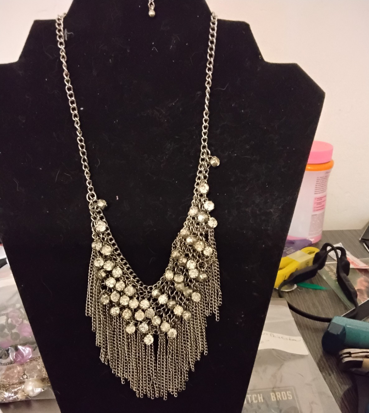 Silver Tone Cable Chain Statement Necklace – White Crystal Rhinestone Fringe