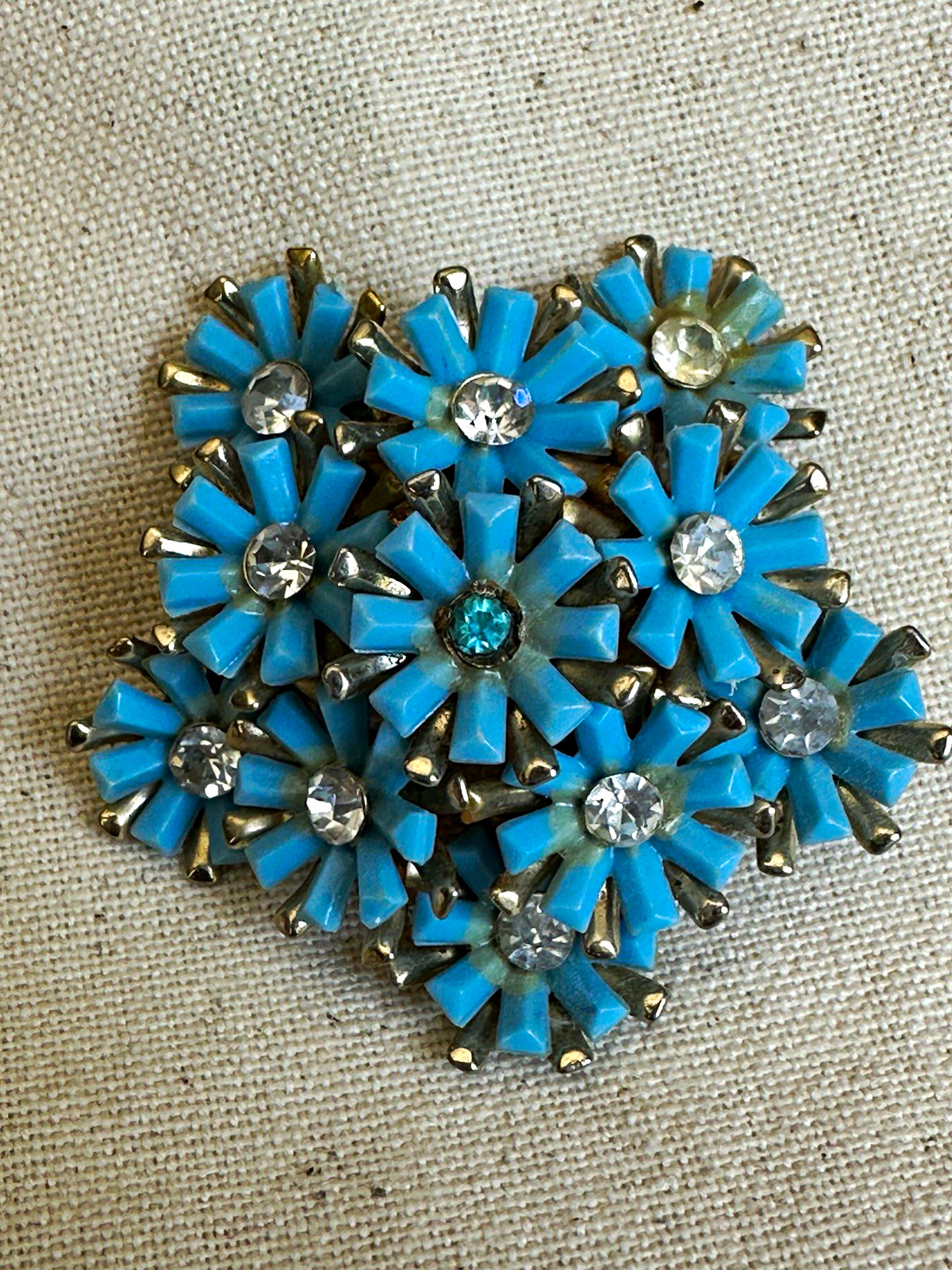 Blue Flower Cluster Rhinestone Brooch Pin Prong Set Baguette 1.5 in